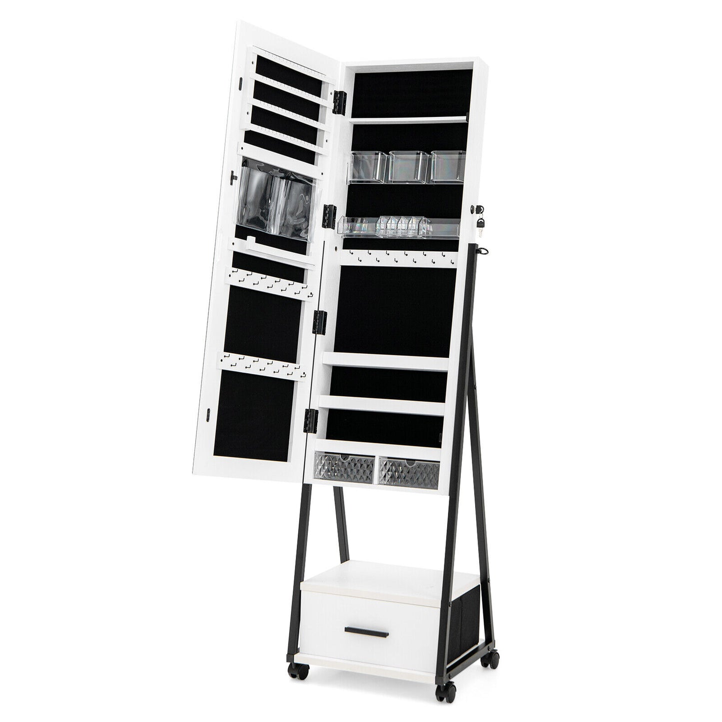 Freestanding Jewelry Armoire with Full-Length Mirror and Lockable Storage – White