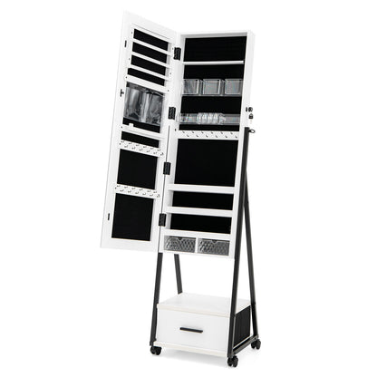 Freestanding Jewelry Armoire with Full-Length Mirror and Lockable Storage – White