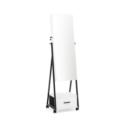 Freestanding Jewelry Armoire with Full-Length Mirror and Lockable Storage – White