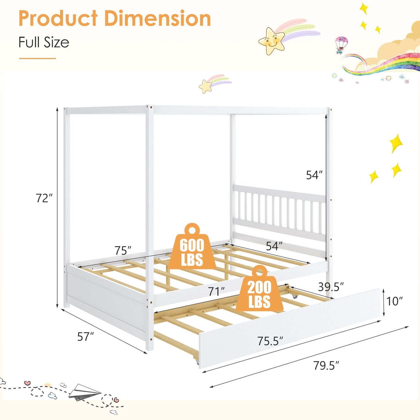 Full Size Canopy Platform Bed with Pull Out Trundle and Solid Wood Frame for Kids or Guest Room White