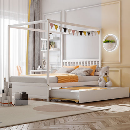 Full Size Canopy Platform Bed with Pull Out Trundle and Solid Wood Frame for Kids or Guest Room White