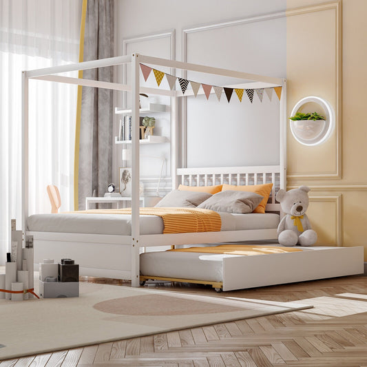 Full Size Canopy Platform Bed with Pull Out Trundle and Solid Wood Frame for Kids or Guest Room White