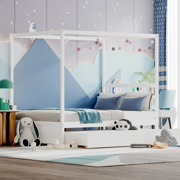 Full Size Canopy Platform Bed with Pull Out Trundle and Solid Wood Frame for Kids or Guest Room White