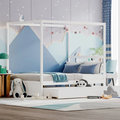 Full Size Canopy Platform Bed with Pull Out Trundle and Solid Wood Frame for Kids or Guest Room White