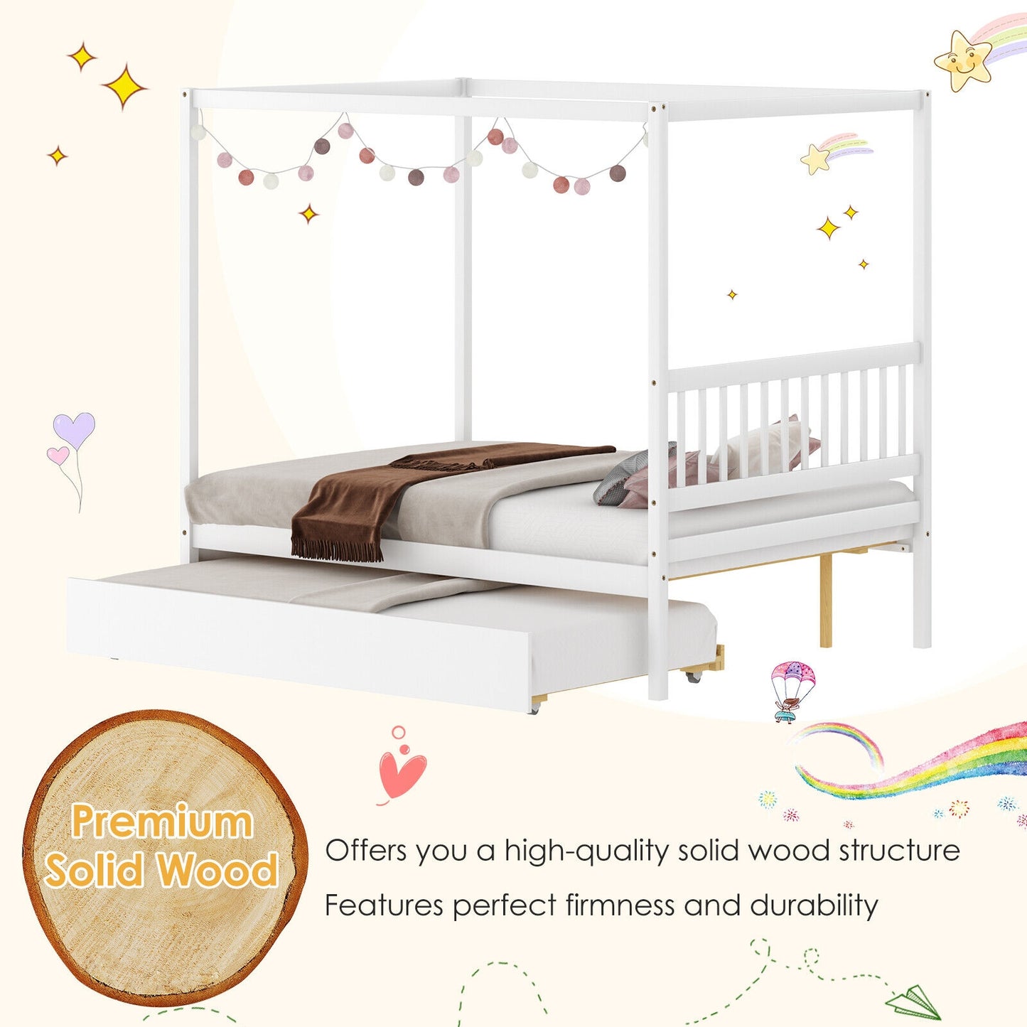 Full Size Canopy Platform Bed with Pull Out Trundle and Solid Wood Frame for Kids or Guest Room White