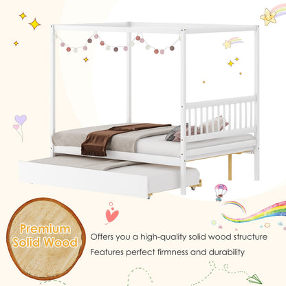 Full Size Canopy Platform Bed with Pull Out Trundle and Solid Wood Frame for Kids or Guest Room White