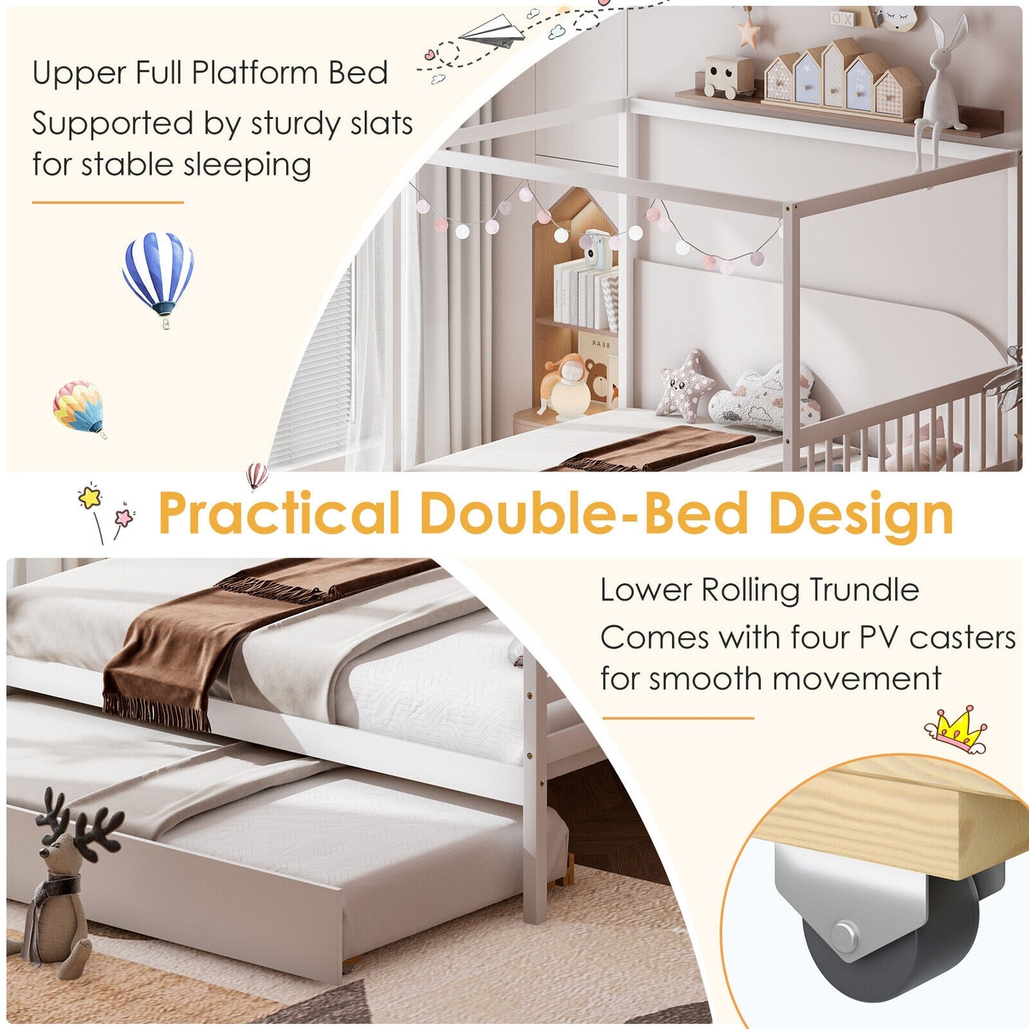 Full Size Canopy Platform Bed with Pull Out Trundle and Solid Wood Frame for Kids or Guest Room White