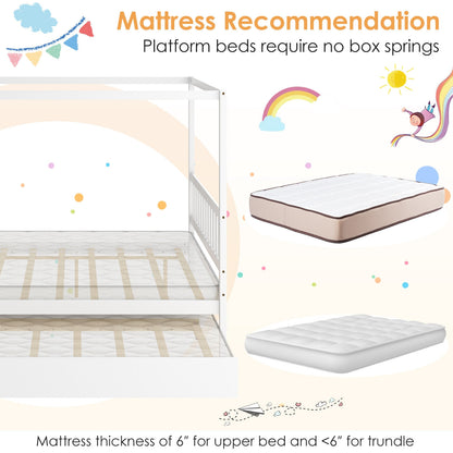 Full Size Canopy Platform Bed with Pull Out Trundle and Solid Wood Frame for Kids or Guest Room White