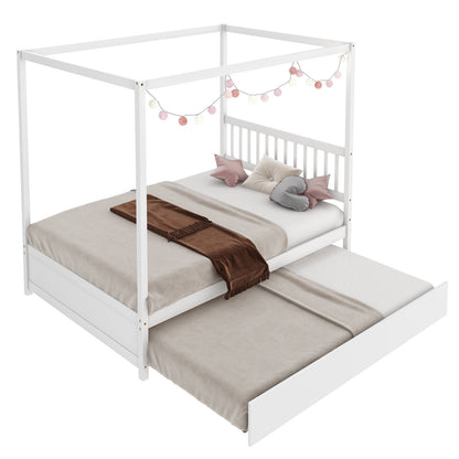Full Size Canopy Platform Bed with Pull Out Trundle and Solid Wood Frame for Kids or Guest Room White