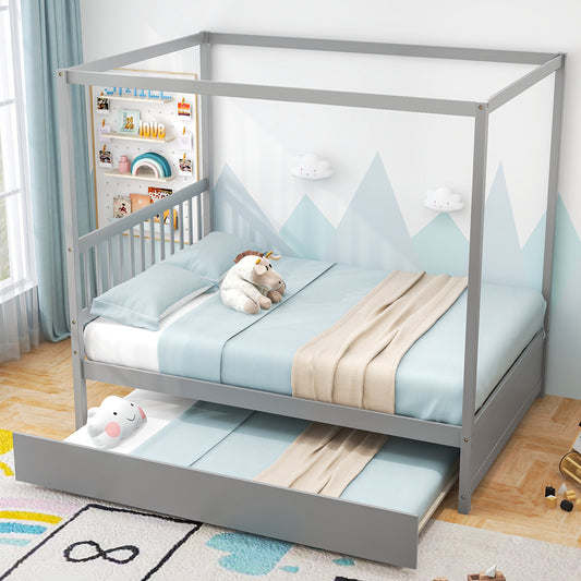 Full Size Canopy Platform Bed with Pull Out Trundle and Solid Wood Frame for Kids or Guest Room Grey