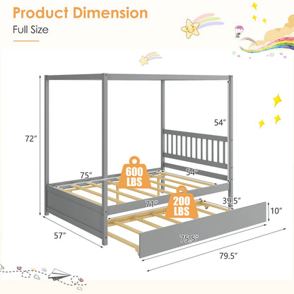 Full Size Canopy Platform Bed with Pull Out Trundle and Solid Wood Frame for Kids or Guest Room Grey