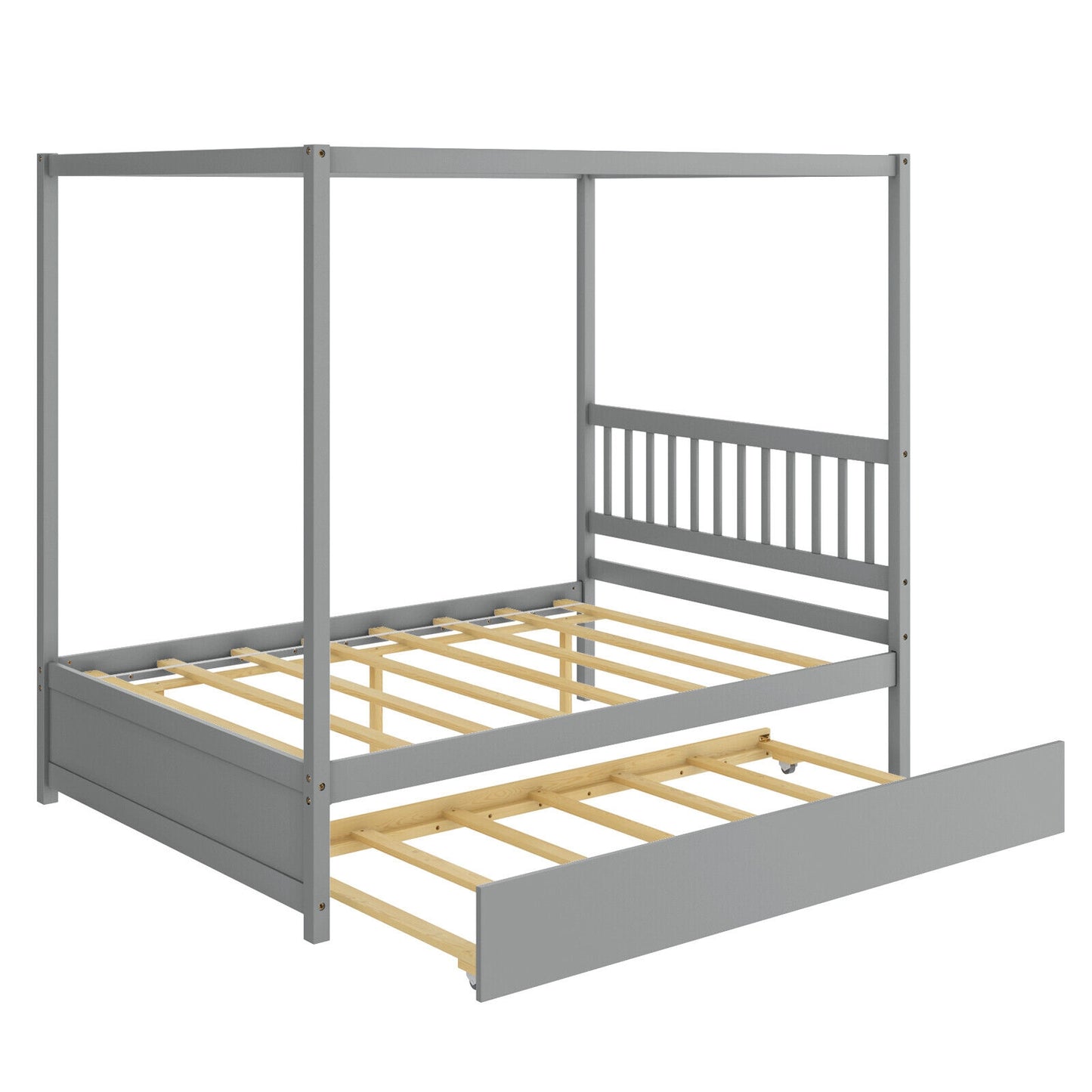 Full Size Canopy Platform Bed with Pull Out Trundle and Solid Wood Frame for Kids or Guest Room Grey