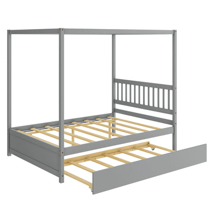 Full Size Canopy Platform Bed with Pull Out Trundle and Solid Wood Frame for Kids or Guest Room Grey