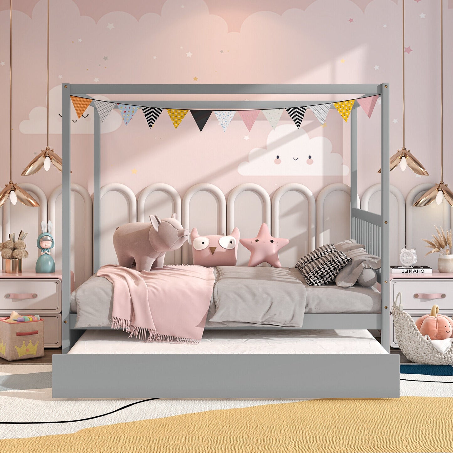 Full Size Canopy Platform Bed with Pull Out Trundle and Solid Wood Frame for Kids or Guest Room Grey