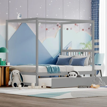 Full Size Canopy Platform Bed with Pull Out Trundle and Solid Wood Frame for Kids or Guest Room Grey