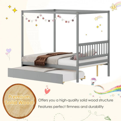 Full Size Canopy Platform Bed with Pull Out Trundle and Solid Wood Frame for Kids or Guest Room Grey