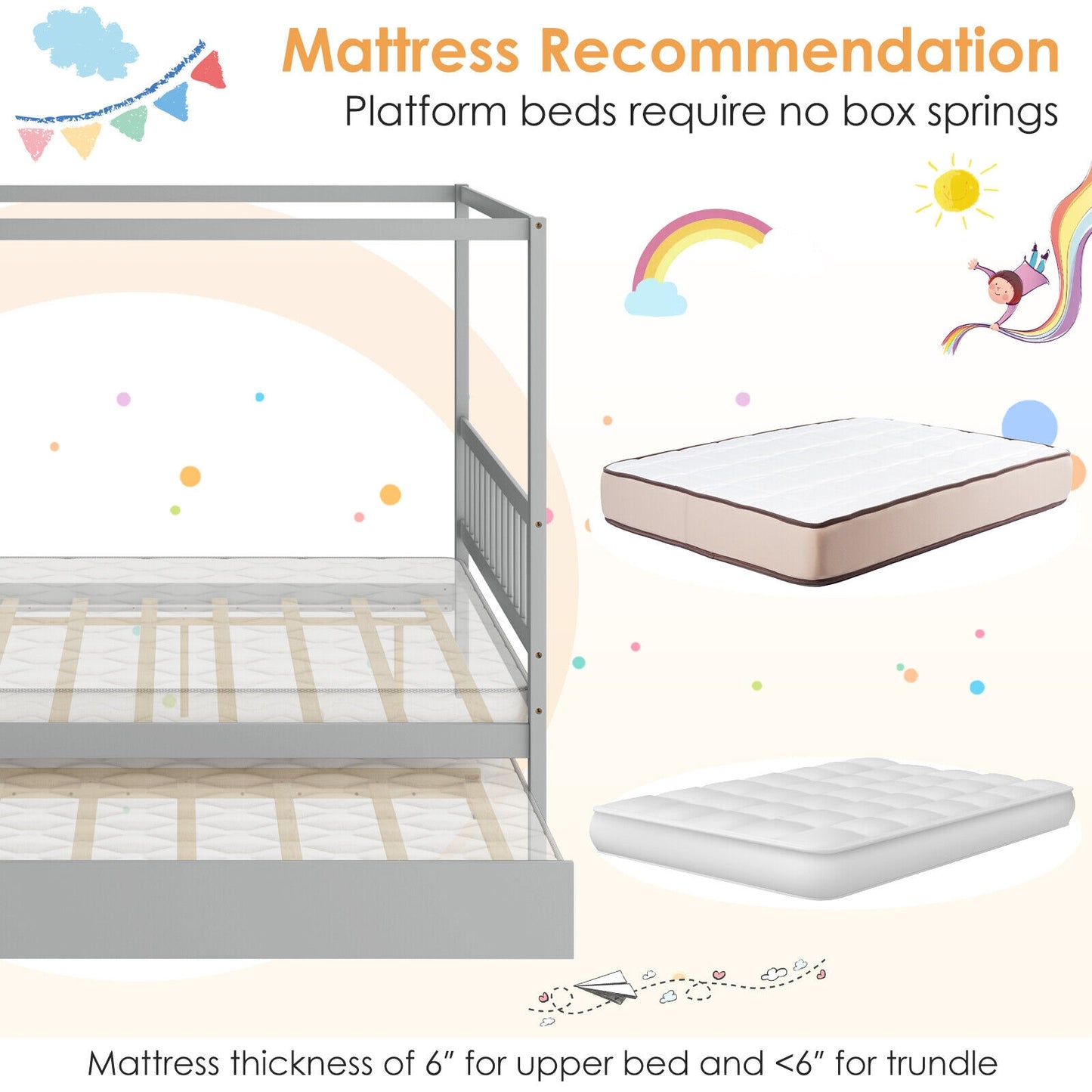 Full Size Canopy Platform Bed with Pull Out Trundle and Solid Wood Frame for Kids or Guest Room Grey