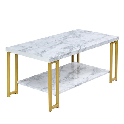 Modern Rectangular Coffee Table with Two Tiers and Gold Printed Metal Frame