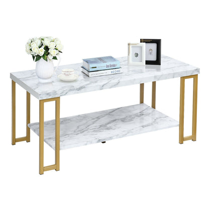 Modern Rectangular Coffee Table with Two Tiers and Gold Printed Metal Frame