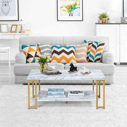 Modern Rectangular Coffee Table with Two Tiers and Gold Printed Metal Frame