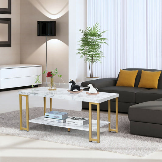 Modern Rectangular Coffee Table with Two Tiers and Gold Printed Metal Frame