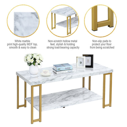 Modern Rectangular Coffee Table with Two Tiers and Gold Printed Metal Frame