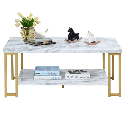 Modern Rectangular Coffee Table with Two Tiers and Gold Printed Metal Frame