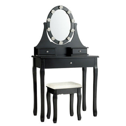 Vanity Makeup Table Set with 3 Drawers, Lighted Mirror, and Cushioned Stool - Black