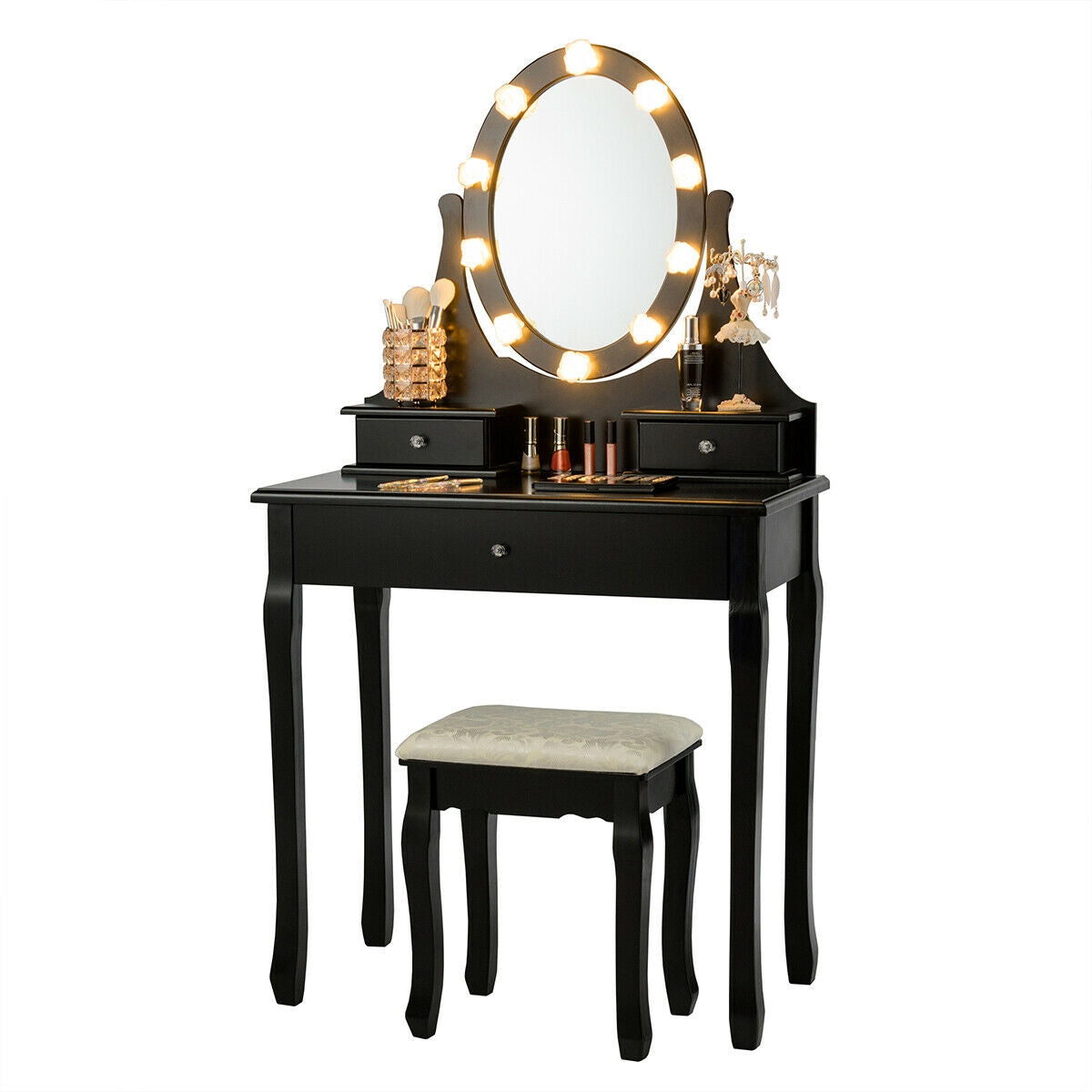 Vanity Makeup Table Set with 3 Drawers, Lighted Mirror, and Cushioned Stool - Black
