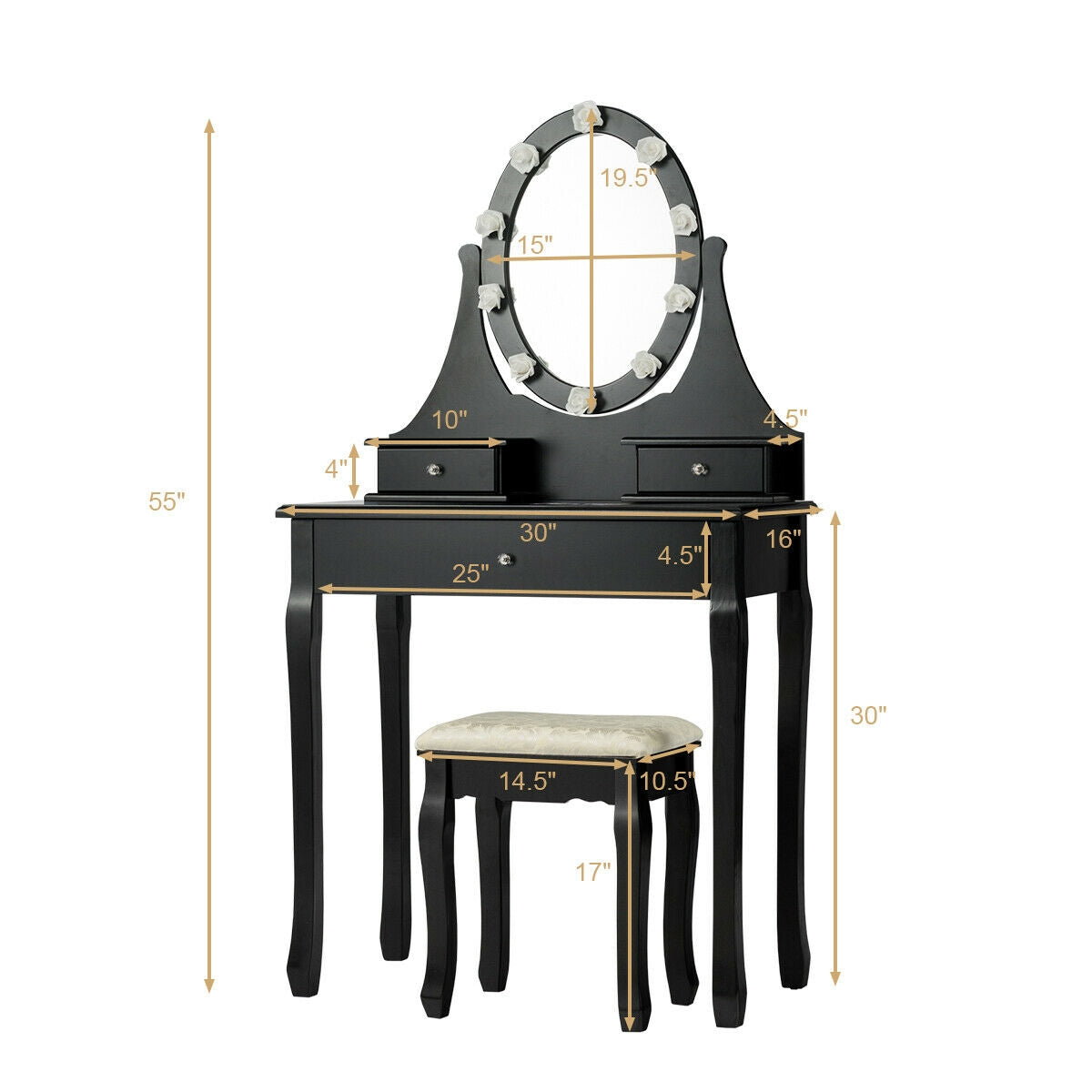 Vanity Makeup Table Set with 3 Drawers, Lighted Mirror, and Cushioned Stool - Black