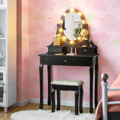 Vanity Makeup Table Set with 3 Drawers, Lighted Mirror, and Cushioned Stool - Black