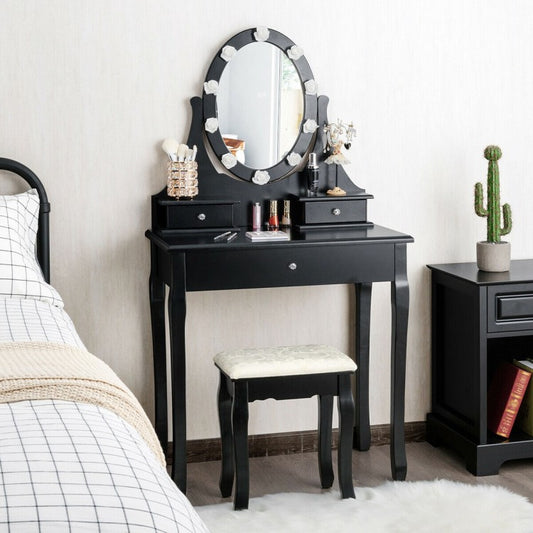 Vanity Makeup Table Set with 3 Drawers, Lighted Mirror, and Cushioned Stool - Black