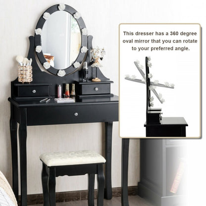 Vanity Makeup Table Set with 3 Drawers, Lighted Mirror, and Cushioned Stool - Black