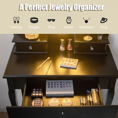 Vanity Makeup Table Set with 3 Drawers, Lighted Mirror, and Cushioned Stool - Black