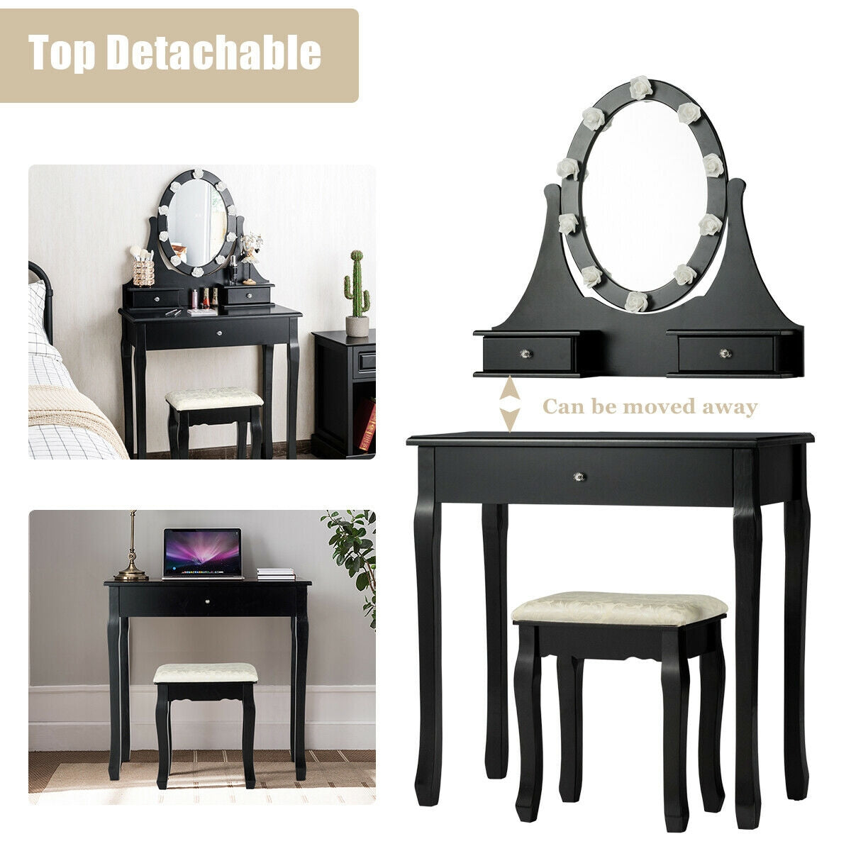 Vanity Makeup Table Set with 3 Drawers, Lighted Mirror, and Cushioned Stool - Black