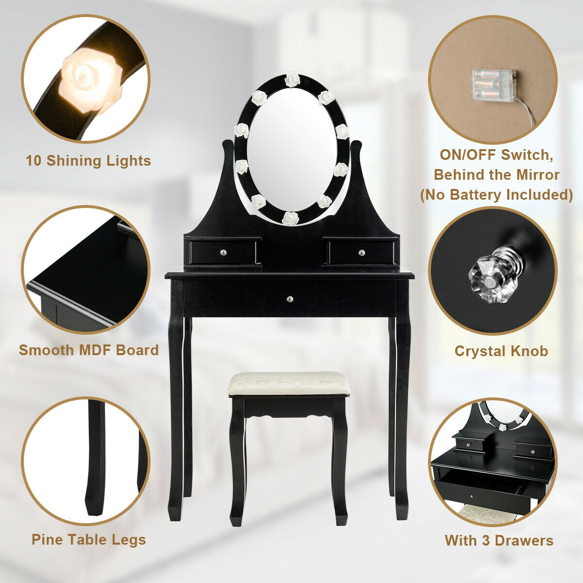 Vanity Makeup Table Set with 3 Drawers, Lighted Mirror, and Cushioned Stool - Black