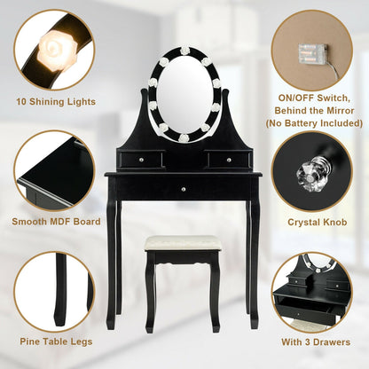 Vanity Makeup Table Set with 3 Drawers, Lighted Mirror, and Cushioned Stool - Black