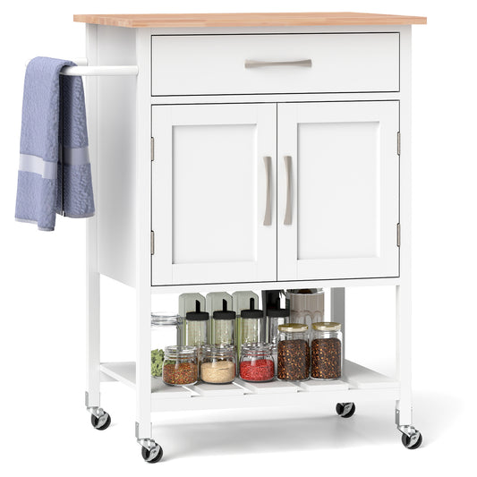 Rolling Kitchen Island Cart with Drawer Cabinet Bottom Shelf and Towel Rack - White