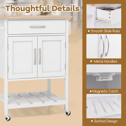 Rolling Kitchen Island Cart with Drawer Cabinet Bottom Shelf and Towel Rack - White
