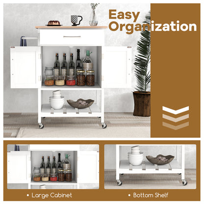 Rolling Kitchen Island Cart with Drawer Cabinet Bottom Shelf and Towel Rack - White
