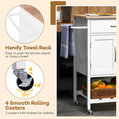 Rolling Kitchen Island Cart with Drawer Cabinet Bottom Shelf and Towel Rack - White