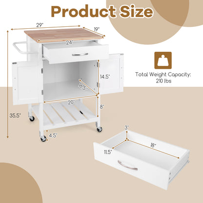 Rolling Kitchen Island Cart with Drawer Cabinet Bottom Shelf and Towel Rack - White