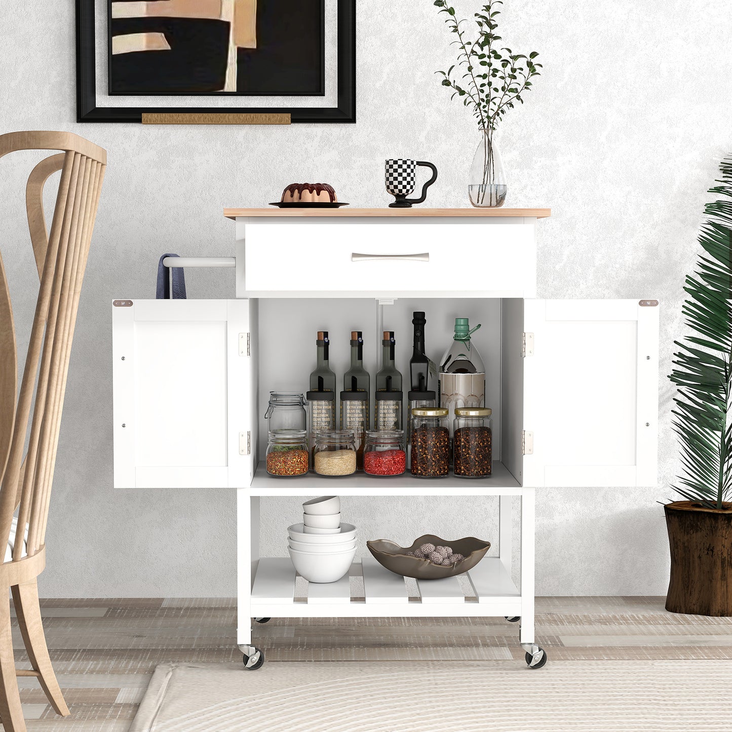 Rolling Kitchen Island Cart with Drawer Cabinet Bottom Shelf and Towel Rack - White