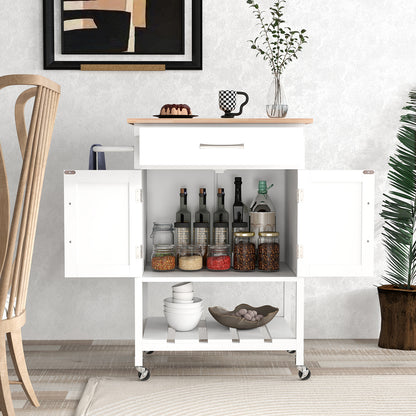 Rolling Kitchen Island Cart with Drawer Cabinet Bottom Shelf and Towel Rack - White