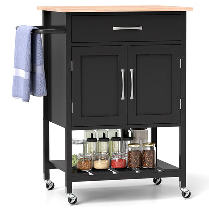 Rolling Kitchen Island Cart with Drawer Cabinet Bottom Shelf and Towel Rack - Black