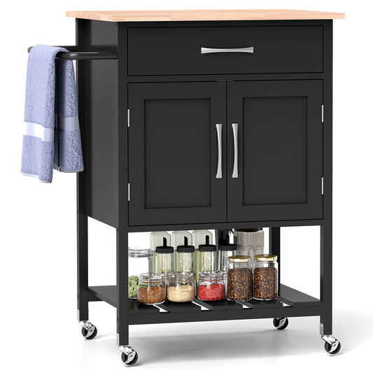 Rolling Kitchen Island Cart with Drawer Cabinet Bottom Shelf and Towel Rack - Black