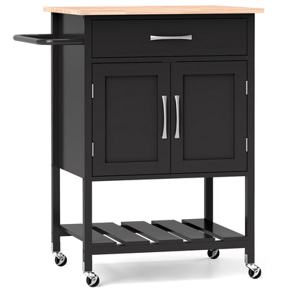 Rolling Kitchen Island Cart with Drawer Cabinet Bottom Shelf and Towel Rack - Black