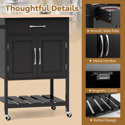 Rolling Kitchen Island Cart with Drawer Cabinet Bottom Shelf and Towel Rack - Black