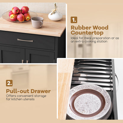 Rolling Kitchen Island Cart with Drawer Cabinet Bottom Shelf and Towel Rack - Black