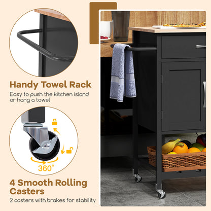 Rolling Kitchen Island Cart with Drawer Cabinet Bottom Shelf and Towel Rack - Black